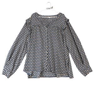 Cotton Bleu Geometric Tunic Top Women's Plus Sz 3X Ruffle Trim Long Puff Sleeve